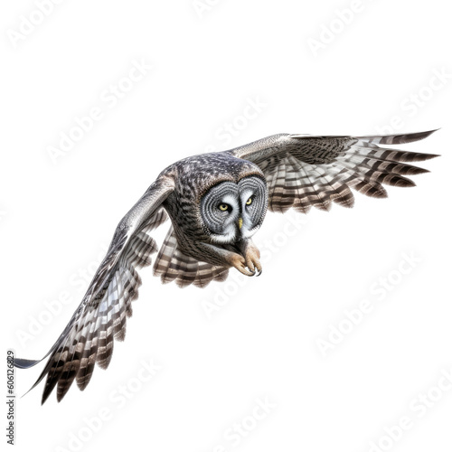 a Great-Grey Owl  in flight  3 4 view  a nocturnal bird of prey  piercing eyes  Nature-themed  photorealistic illustrations in a PNG  cutout  and isolated. Generative AI