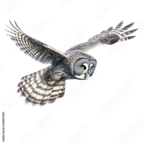 a Great-Grey Owl, in flight, 3/4 view, a nocturnal bird of prey, piercing eyes, Nature-themed, photorealistic illustrations in a PNG, cutout, and isolated. Generative AI