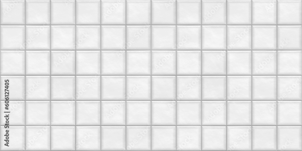 Seamless smooth white modern glossy ceramic square tiles background texture transparent overlay. Kitchen or bathroom wall, floor or countertop. Luxury porcelain interior repeat pattern 3D Rendering. - obrazy, fototapety, plakaty 