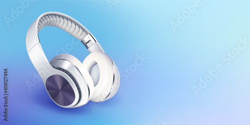 White and purple headphones on blue background, realistic music banner vector illustration.