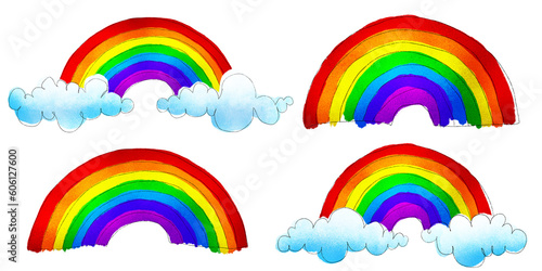 Colorful rainbow and clouds hand drawn watercolor crayon children's drawings isolated on transparent background. Playful nursery clipart, LGBTQ pride or diversity concept design elements collection