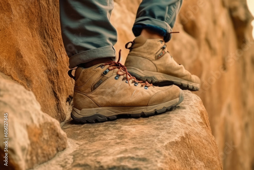 Wandern - Nahaufnahme Füße mit Schuhen auf einen Felsen oder Berg