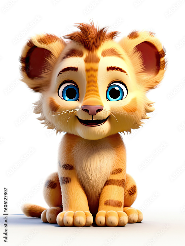 Adorable Baby Lion, 3D, Love, Hearts, Cartoon, Cute, Animal, Wild Life, Nursery, Children, Wall Art. Generative AI 