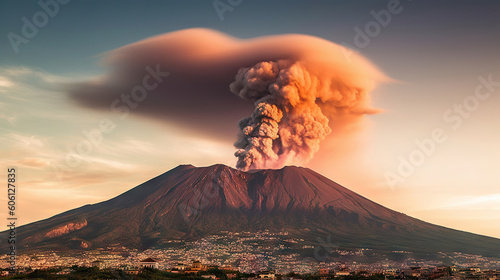 Volcanic eruption at sunset, active volcano in Sicily, Italy. Generative AI.