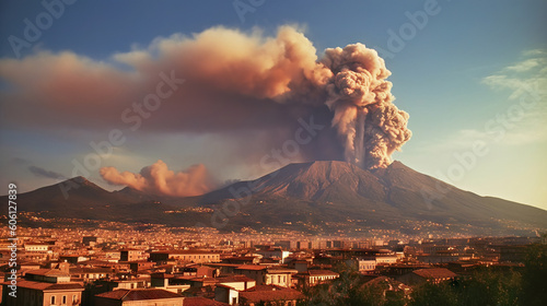 Volcanic eruption on the background of the city of Naples, Italy. Generative AI. photo