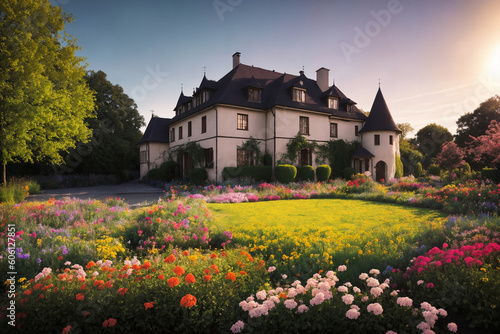 Flower garden, flowerbed close-up near old house, landscaping, beautiful nature in summer. Generative AI.
