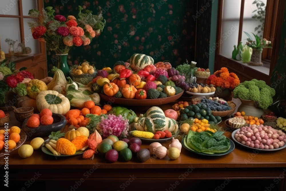 Harvest festival, pumpkin, carrot, onions harvesting, Thanksgiving Day background, AI Generated