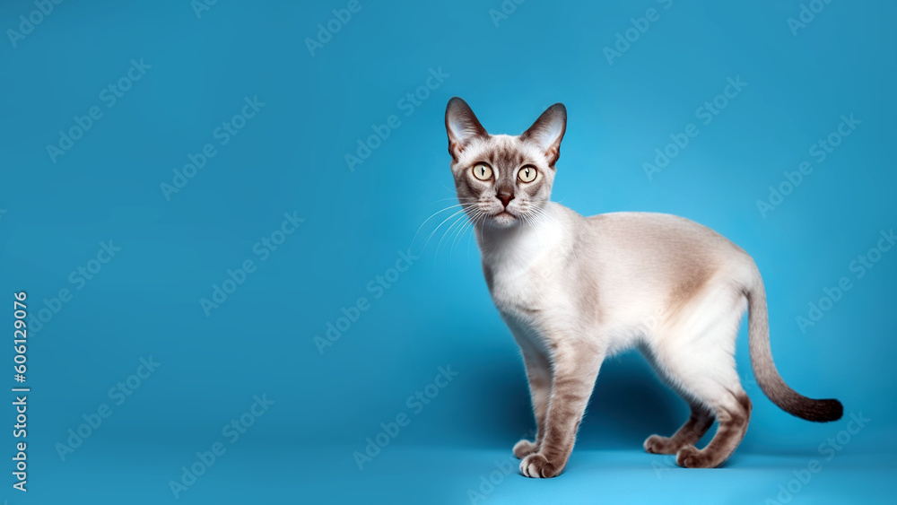 Ukrainian Levkoy cat post on blue background with copyspace (Generative AI)
