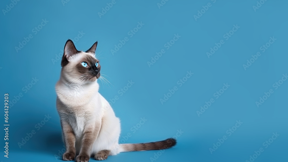 Kinkalow cat post on blue background with copyspace (Generative AI)