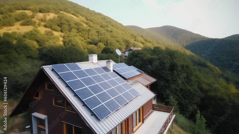 eco-friendly house with solar panels on the roof surrounded by green nature. Generative AI eco-friendly house with solar panels on the roof surrounded by green nature. Generative AI