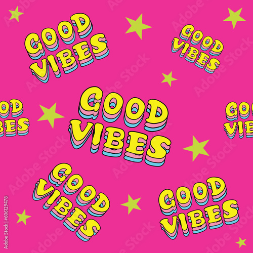 Seameless Pattern Good Vibes Words, Multipal and Colorful, Retro Style photo