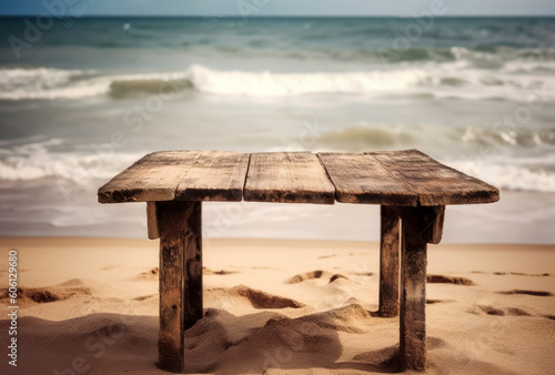 wooden table in the sun near the seaside, in the style of minimalist backgrounds. AI Generated.