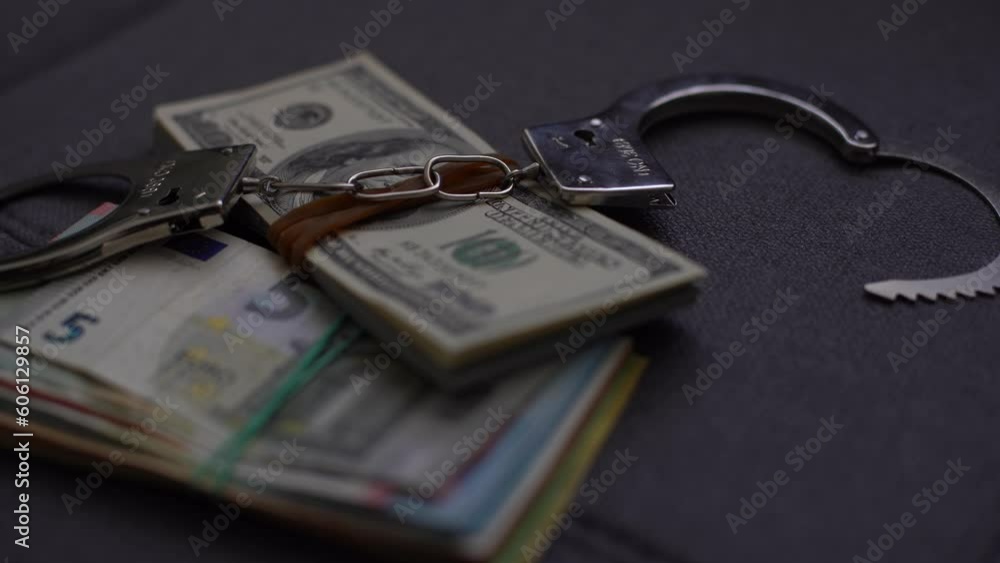 Handcuffs lie on stack of dollars in a suitcase, close-up. Handcuffs lie on stack of dollars in a suitcase, close-up.