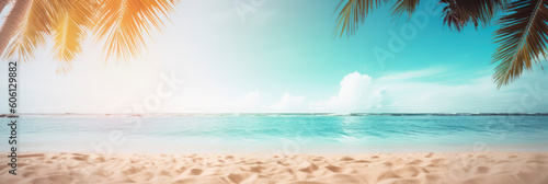 a palm tree, sand and sun on a sunny beach. AI Generated. © Fernando