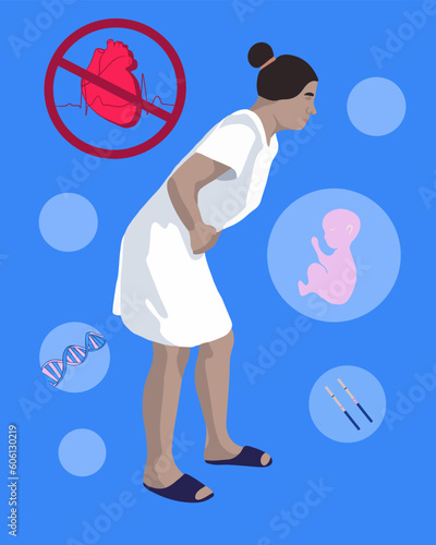 Intrauterine death of the fetus. Vector isolated illustration of a woman who has lost a child. Frozen pregnancy. Miscarriage. Embryo cardiac arrest.