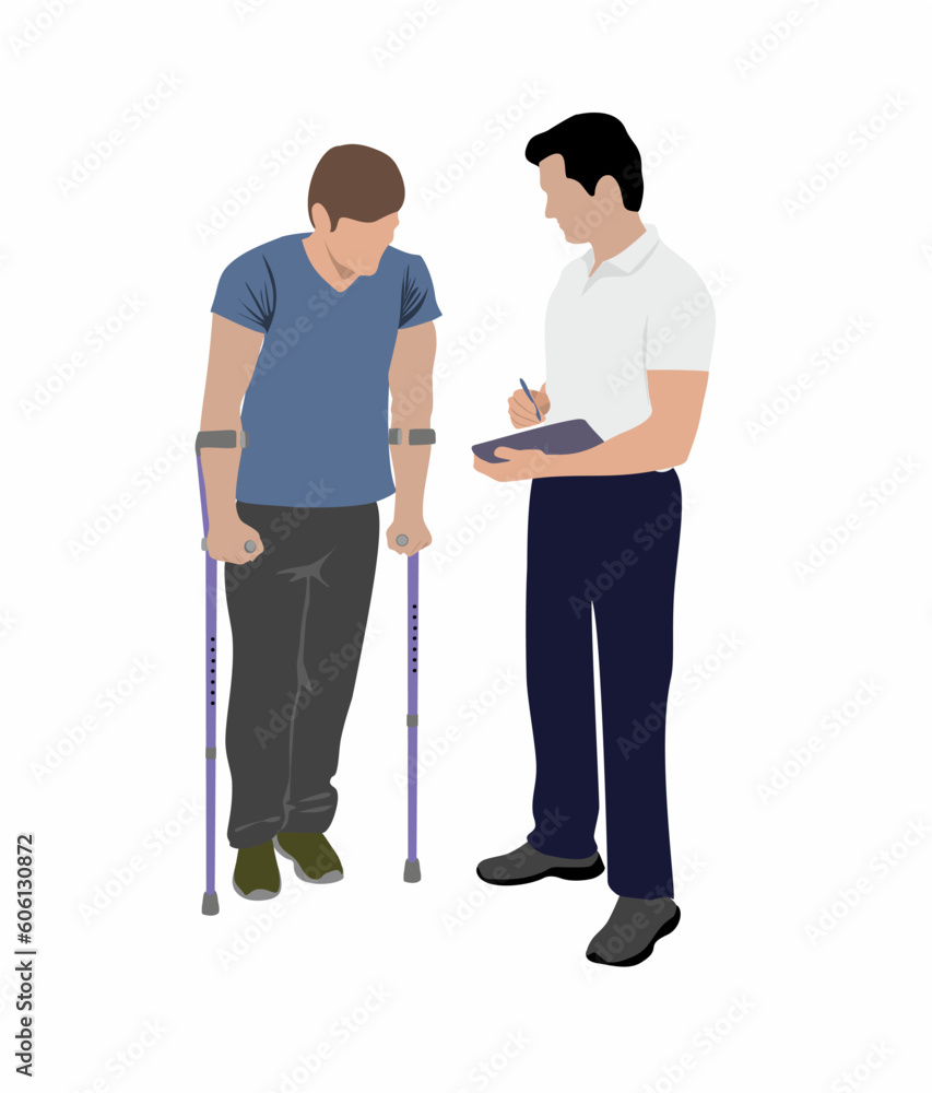 Man on crutches recovering from leg fracture and inspected by practitioner isolated on white background. Man on crutches recovering from leg fracture and inspected by practitioner isolated on white background.