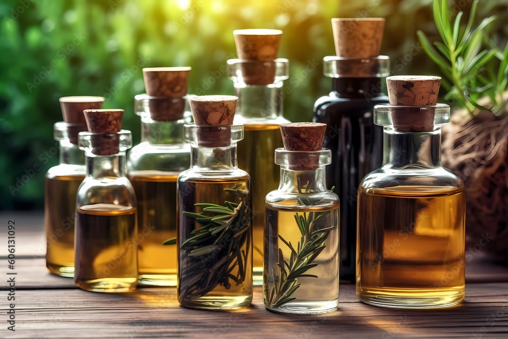 Herb oil bottles of homeopathy herbs. Generative AI. Herb oil bottles of homeopathy herbs. Generative AI.