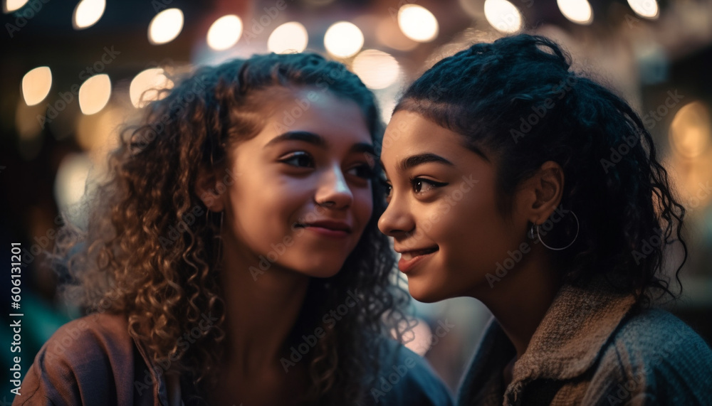 Young adults embracing, smiling, enjoying nightlife together generated by AI Young adults embracing, smiling, enjoying nightlife together generated by AI