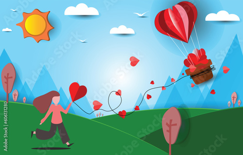 Girl joyful with hearts falling from balloon on beautiful landscape background, concept of valentine day, paper art and craft style.