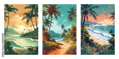 Set of beach landscapes in the evening. Vector illustration background for poster, flyer, cards, web.