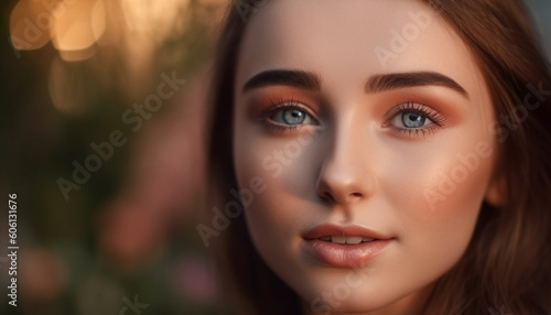 Beautiful young woman with brown hair smiling outdoors generated by AI © Jeronimo Ramos