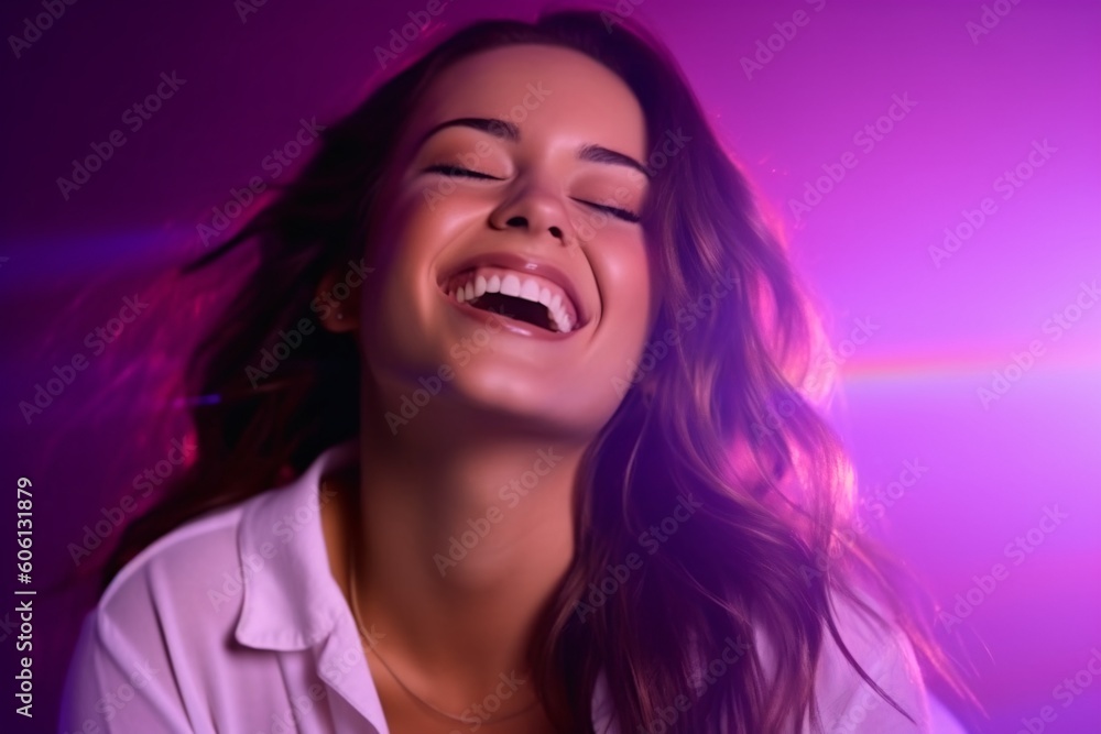 Smiling. Portrait of female fashion model in cotton shirt isolated on purple background in neon light. Generative ai
