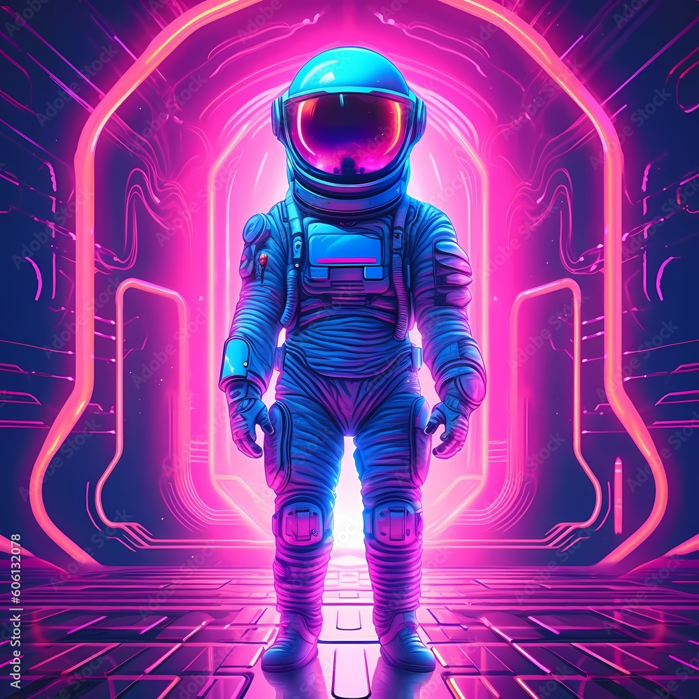 Psychedelic Retro Wave Astronaut in Neon Tubes Light. Pink Blue Violet Trendy Colors. Front View of a Space Suit. Generative Ai. Psychedelic Retro Wave Astronaut in Neon Tubes Light. Pink Blue Violet Trendy Colors. Front View of a Space Suit. Generative Ai.