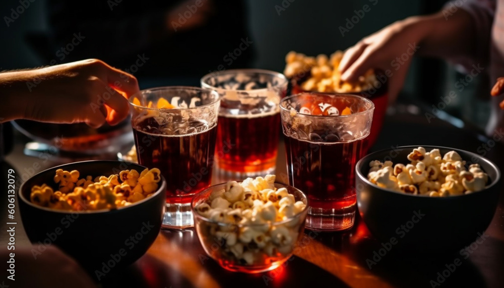 Friends enjoy unhealthy snacks and drinks indoors generated by AI Friends enjoy unhealthy snacks and drinks indoors generated by AI