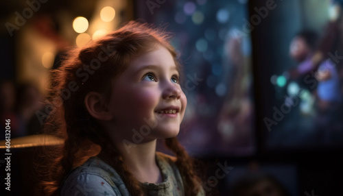 Smiling child enjoying Christmas lights indoors at night generated by AI