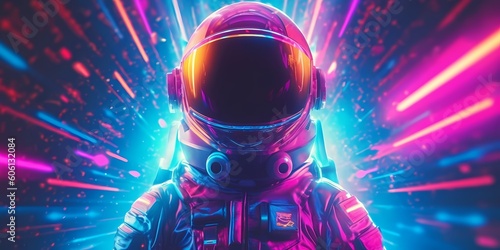 Valokuvatapetti Psychedelic Retro Wave Astronaut in Neon Tubes Light