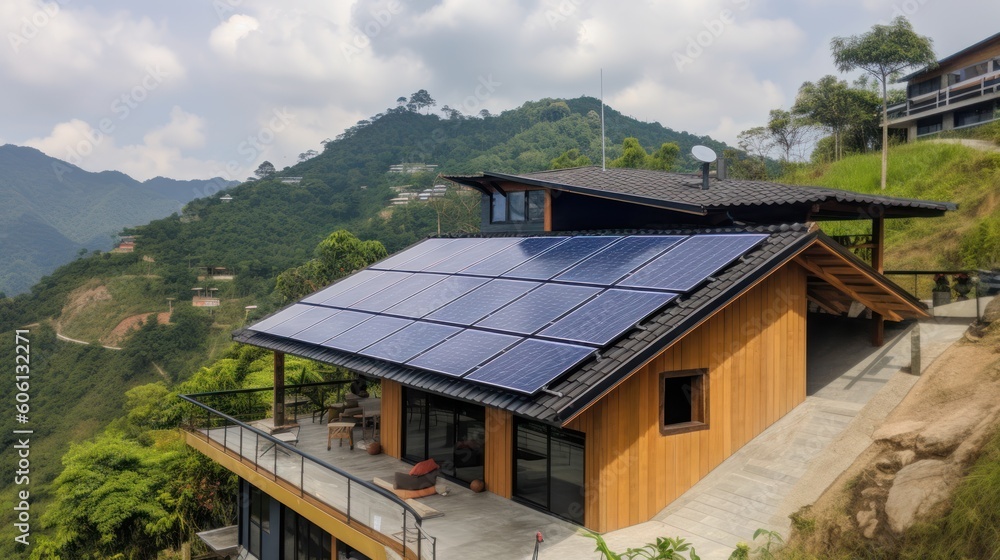 eco-friendly house with solar panels on the roof surrounded by green nature. Generative AI