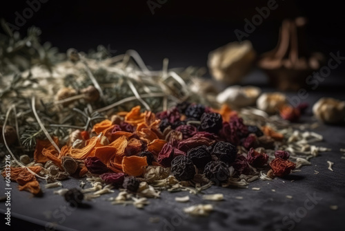 Various dried spices on a wooden table, AI Generated