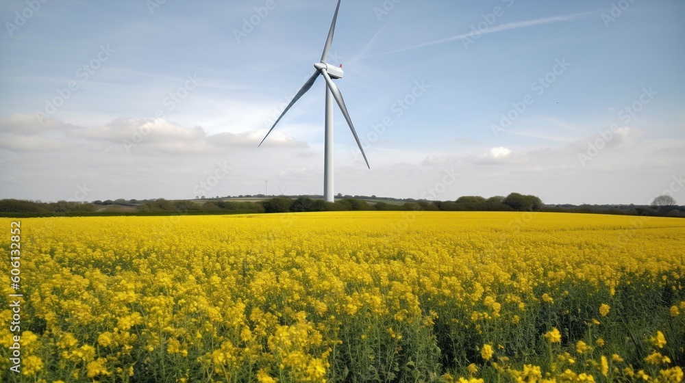 Wind turbine in a yellow flower field, Alternative energy. Generative AI Wind turbine in a yellow flower field, Alternative energy. Generative AI