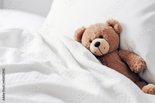 Cute little teddy bear lying sleeping alone on white bed in morning, generative ai.