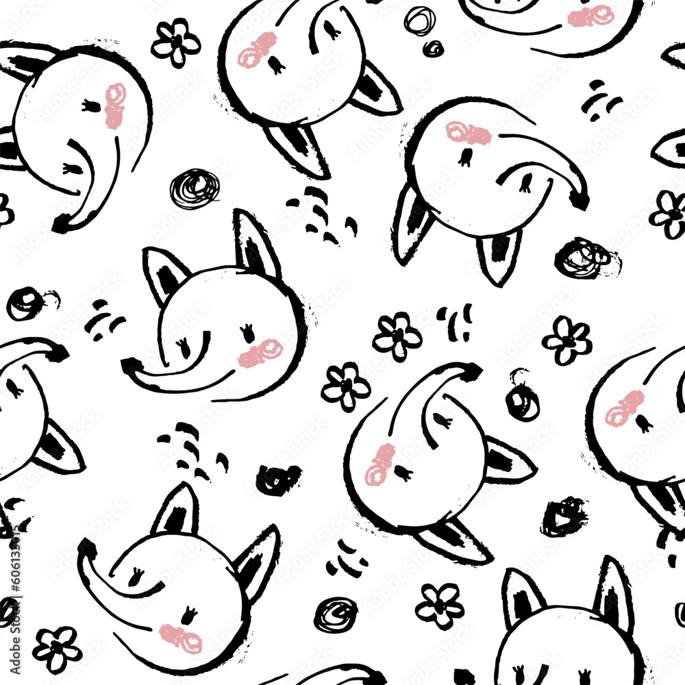 Cute vector pattern with fox and flower. Pattern in grunge style. seamless background for nursery decor, fabrics, children's textiles, wrapping paper. Cute vector pattern with fox and flower. Pattern in grunge style. seamless background for nursery decor, fabrics, children's textiles, wrapping paper.