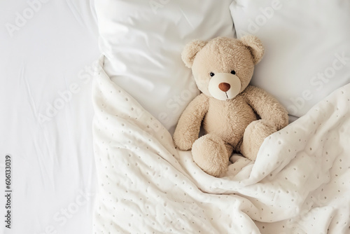 Cute little teddy bear lying sleeping alone on white bed in morning, generative ai.