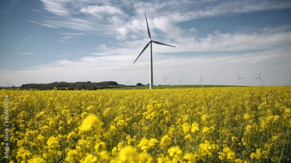 Wind turbine in a yellow flower field, Alternative energy. Generative AI Wind turbine in a yellow flower field, Alternative energy. Generative AI
