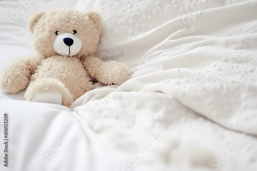 Cute little teddy bear lying sleeping alone on white bed in morning, copyspace for text generative ai.