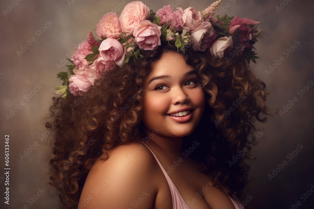 Happy beautiful young plus size model portrait with a hairstyle of flowers on studio background, fat girl with a chubby face and makeup, AI Generated