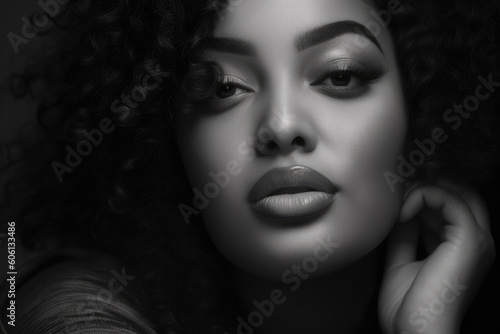 Beautiful young black woman portrait, chubby face and makeup, black and white AI Generated