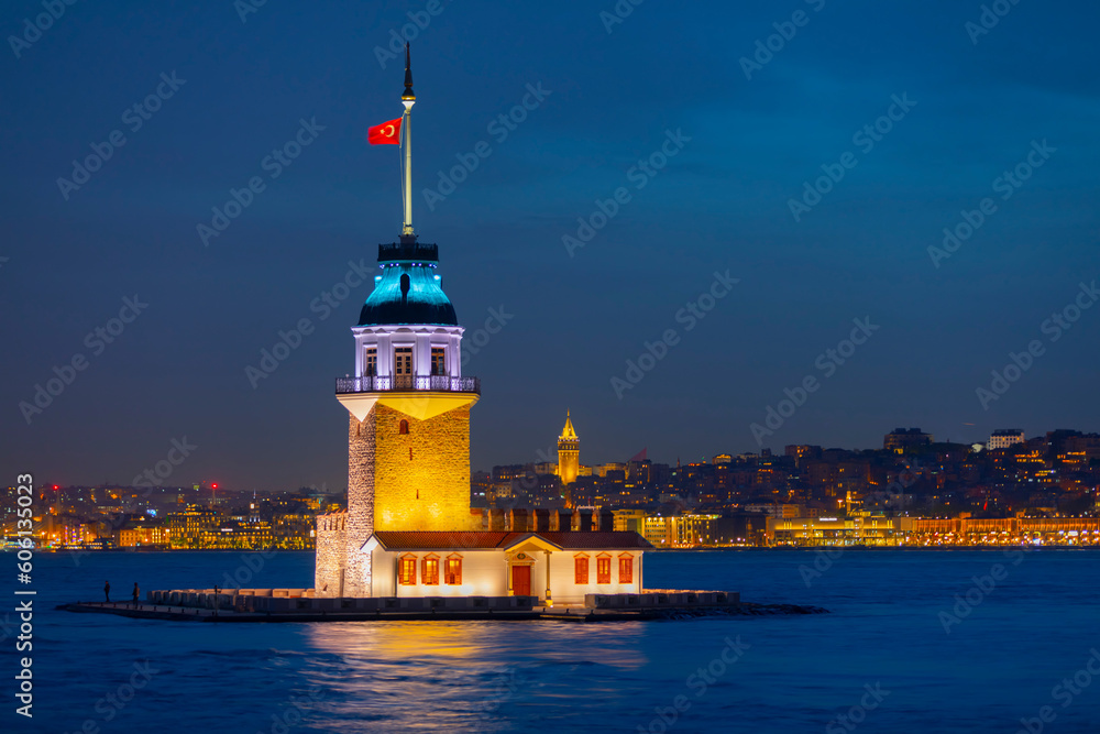 Newly restored Maiden's Tower at night parliament blue sunset