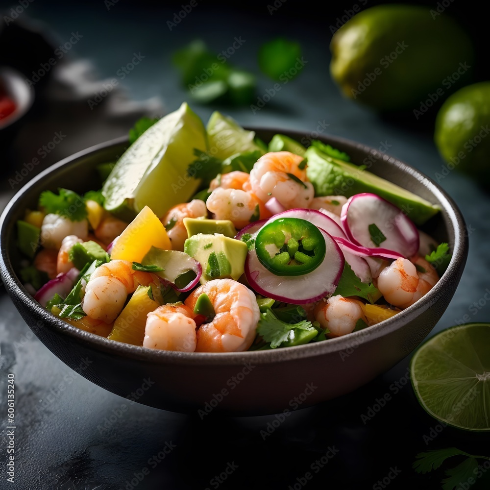 A flavorful ceviche with shrimp, avocado, and lime juice
