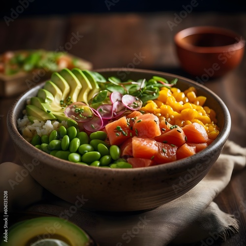 A Colorful and Refreshing Poke Bowl with Salmon, Avocado, and Edamame