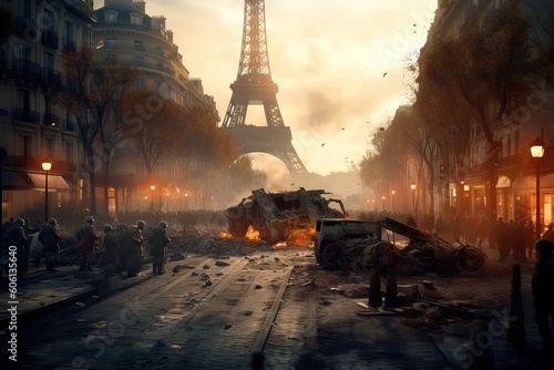 Apocalyptic view of Paris with fire and destruction by the Eiffel Tower, generative ai © FrankBoston