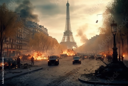 Apocalyptic view of Paris with fire and destruction by the Eiffel Tower, generative ai