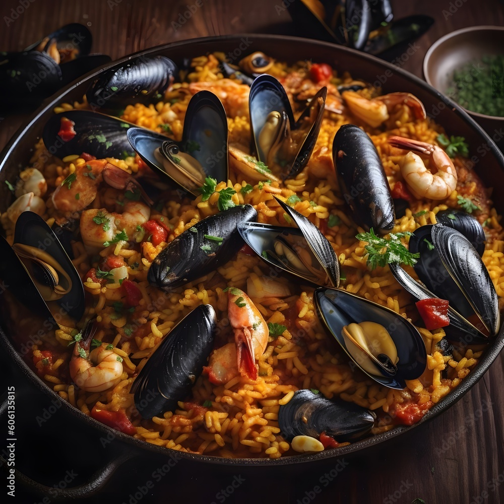 A DELICIOUS Seafood Paella with Saffron-Infused Rice, Plump Shrimp, and Tender Mussels A DELICIOUS Seafood Paella with Saffron-Infused Rice, Plump Shrimp, and Tender Mussels