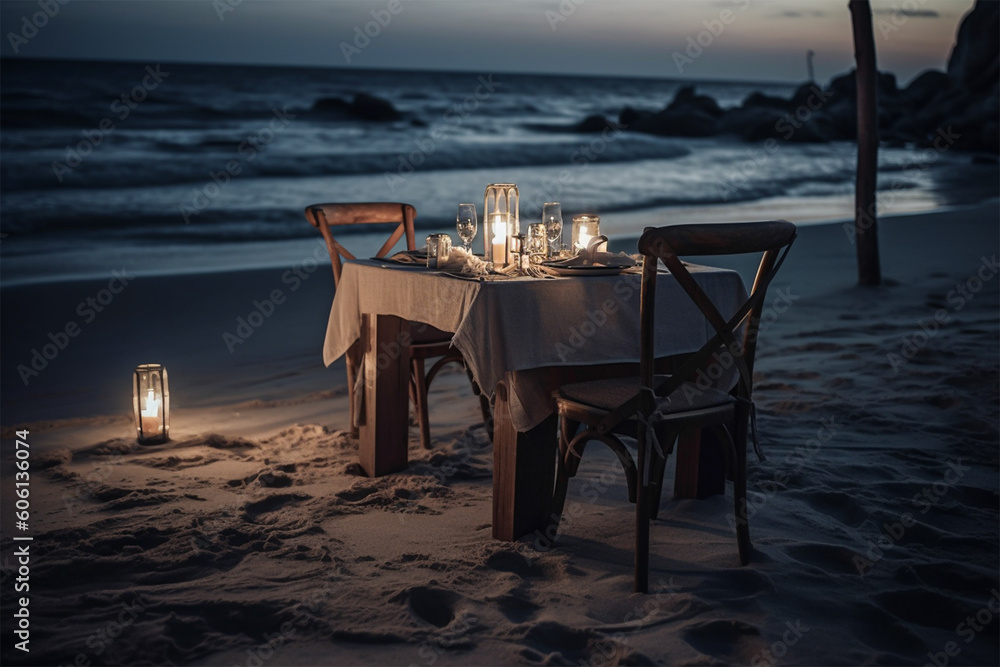 A romantic dinner table on the sand by the sea.Nobody.Created with generative ai