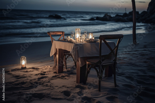 A romantic dinner table on the sand by the sea.Nobody.Created with generative ai
