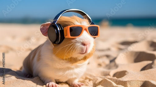 Cute guinea pig with sunglasses and earphone. AI generated. © ZayNyi