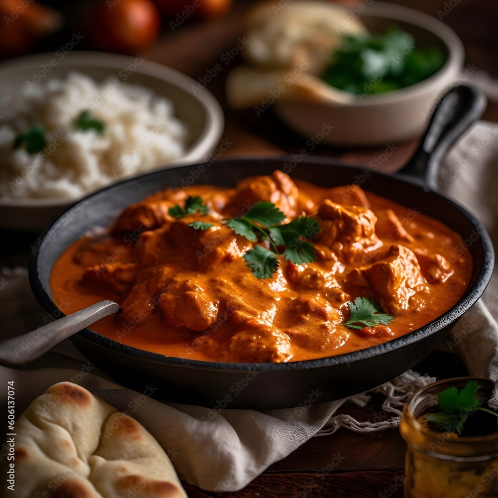 Delicious Indian butter chicken with naan bread Delicious Indian butter chicken with naan bread